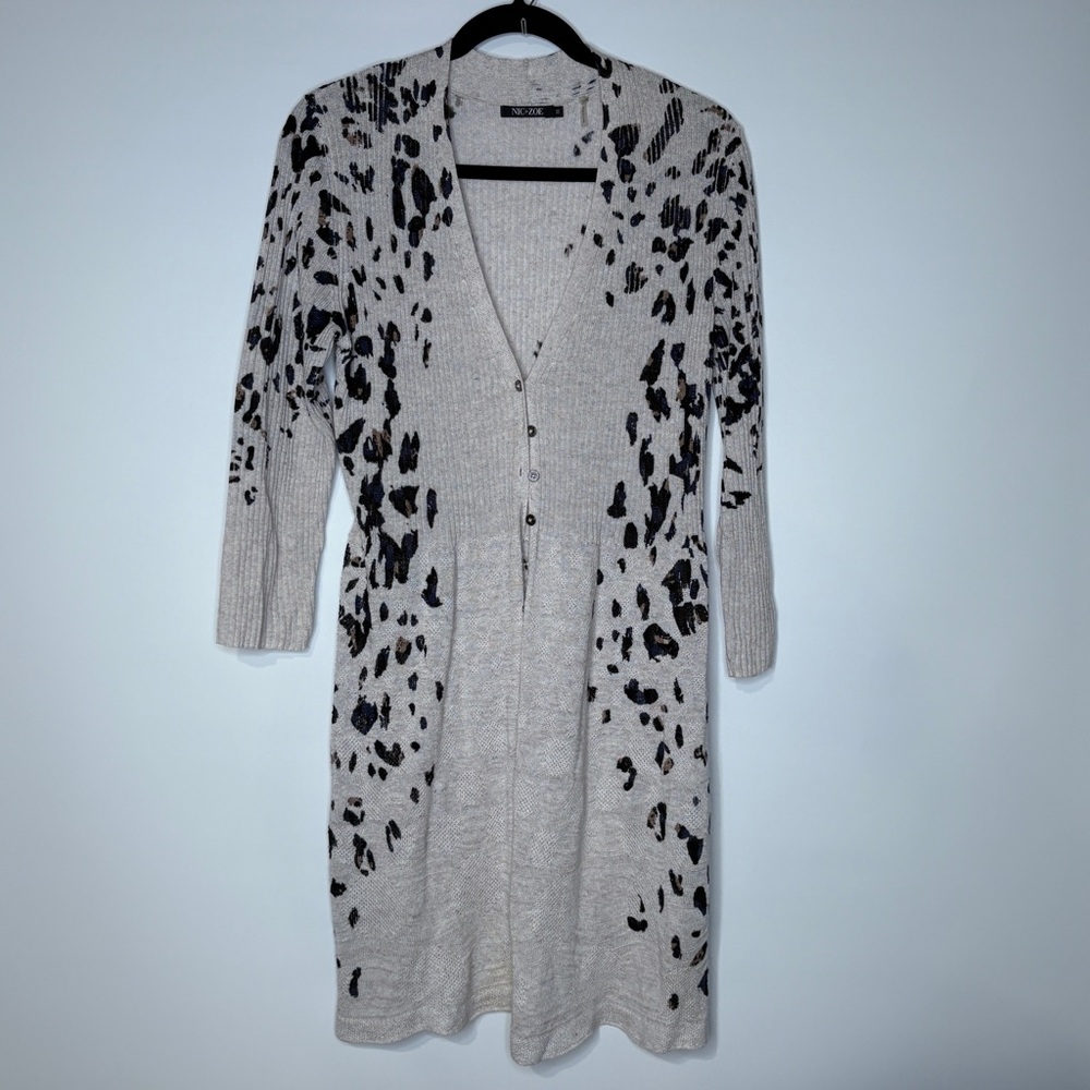 Nic+Zoe Leopard Print Linen Blend Duster Cardigan Size Medium Oatmeal & Black